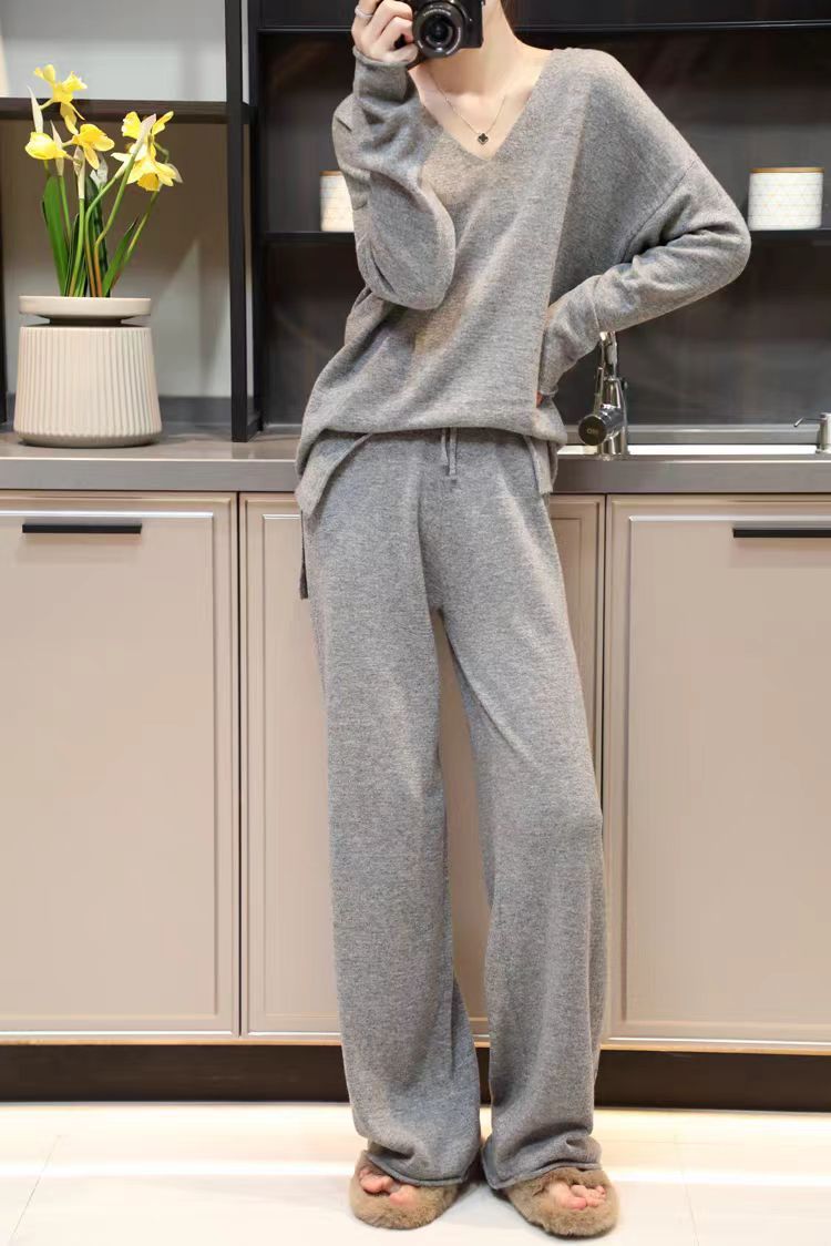 Korean Style Idle Style Hooded Top Casual Wide Leg Pants Knitting Suit
