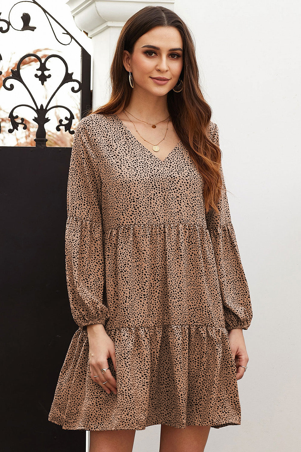 Brown Leopard Ruffle V-Neck Flowy Loose Tunic Dress