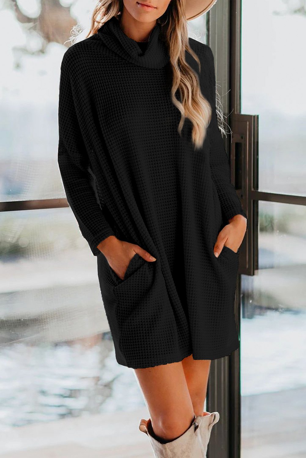 Cowl Neck Long Sleeve Pocketed Knit Mini Dress