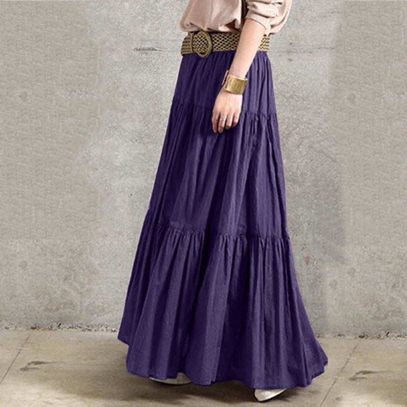 Solid Color Pleated Loose Fitted Long Skirt