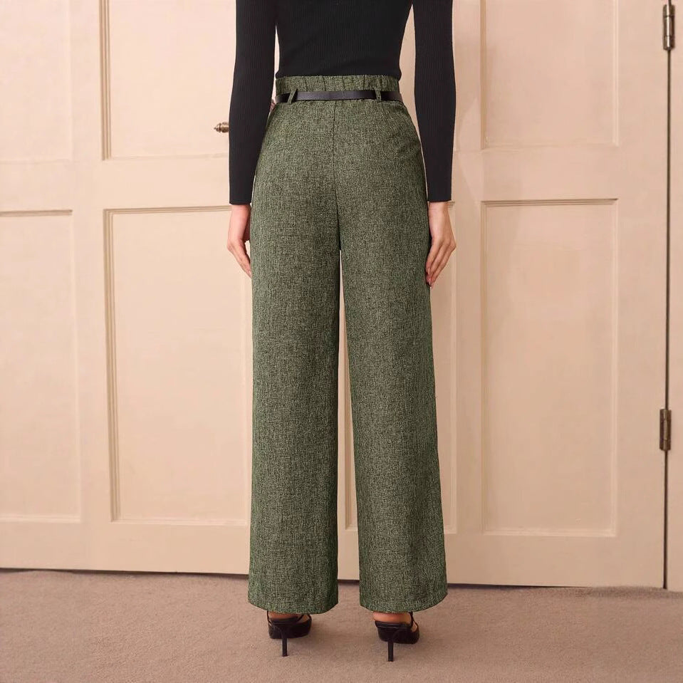 Vintage Casual All-matching High Waist Linen Blend Belt Straight-leg Pants