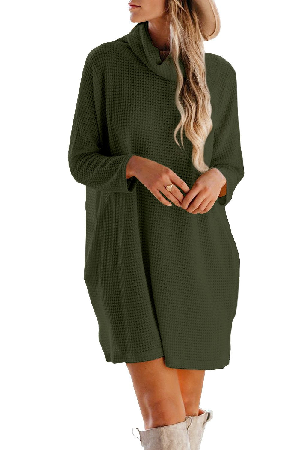 Cowl Neck Long Sleeve Pocketed Knit Mini Dress
