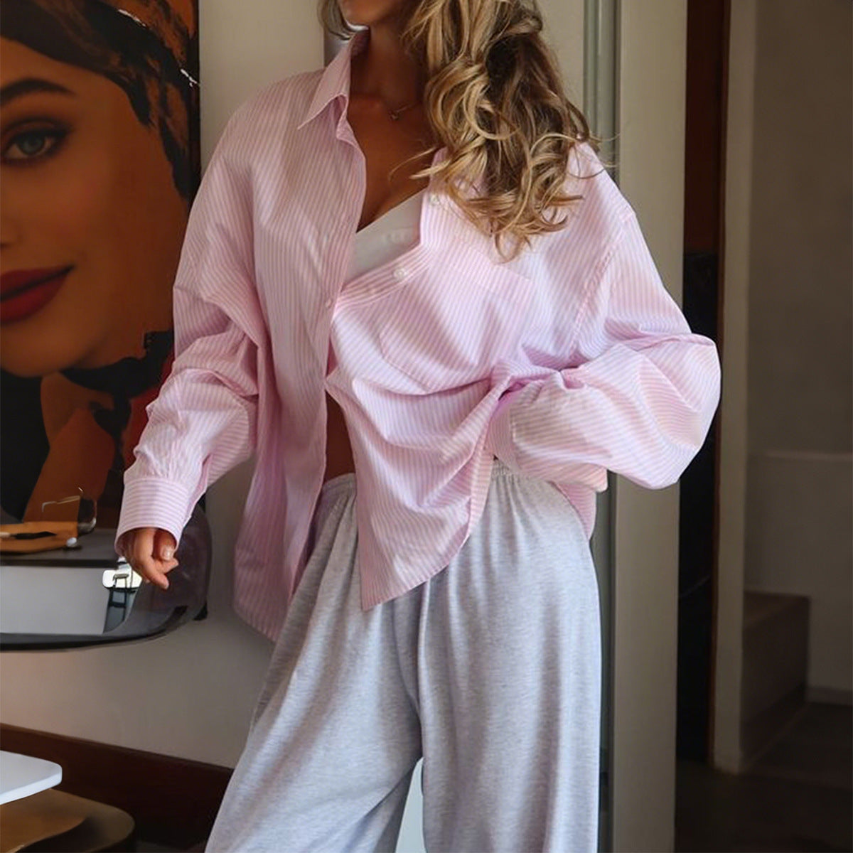 Striped Button Long Sleeve Cardigan Shirt Women