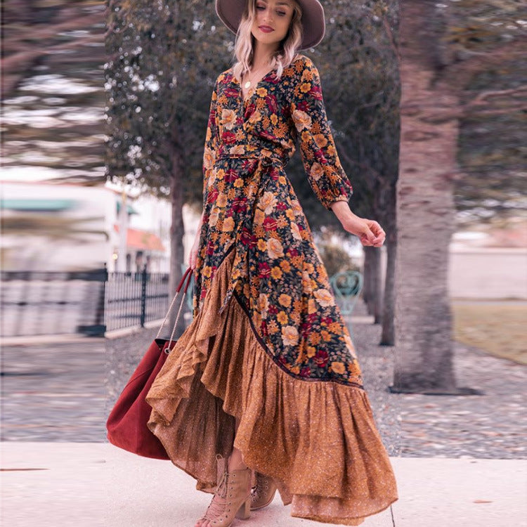 Long sleeve print retro dress long skirt