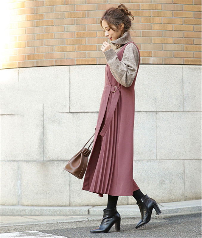 Pleated Tank Top Skirt Waist Long Skirt