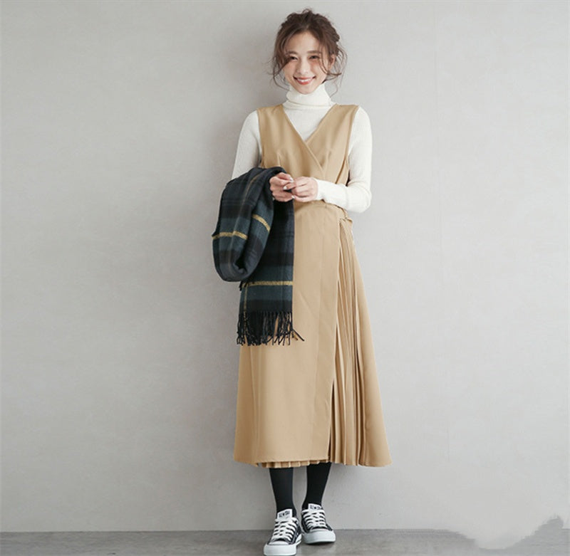 Pleated Tank Top Skirt Waist Long Skirt