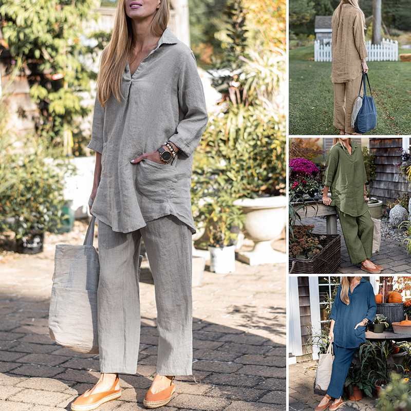 Loose Long Sleeve Shirt Wide Leg Pants Elegant Casual Retro Suit