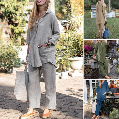 Loose Long Sleeve Shirt Wide Leg Pants Elegant Casual Retro Suit