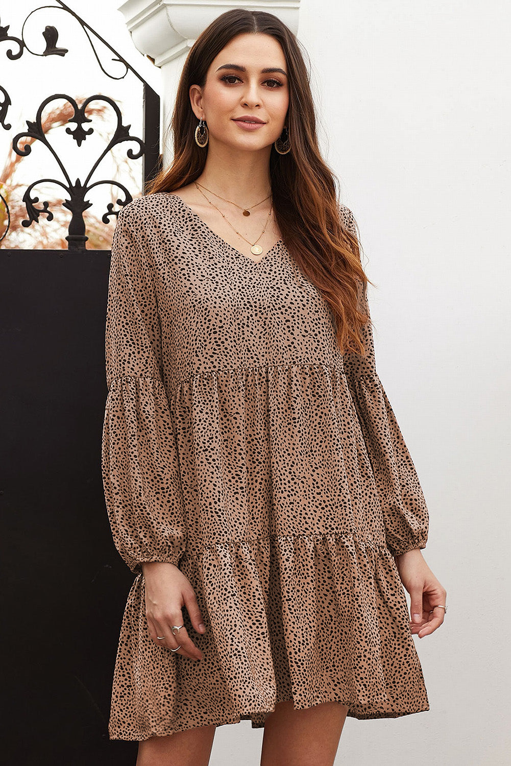 Brown Leopard Ruffle V-Neck Flowy Loose Tunic Dress