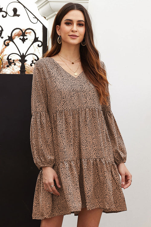 Brown Leopard Ruffle V-Neck Flowy Loose Tunic Dress