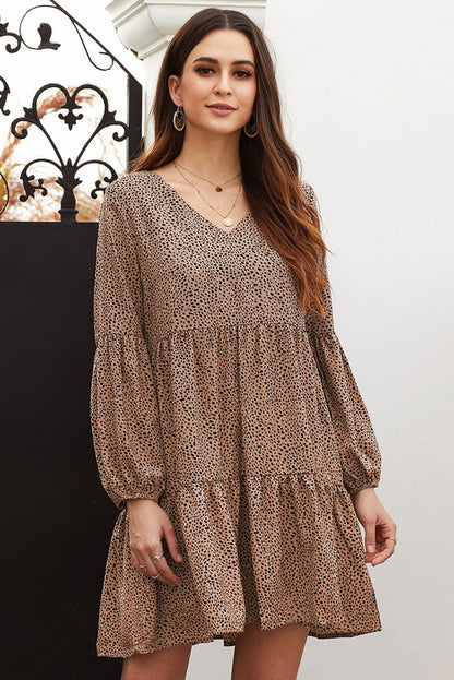 Brown Leopard Ruffle V-Neck Flowy Loose Tunic Dress