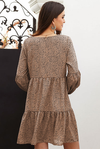 Brown Leopard Ruffle V-Neck Flowy Loose Tunic Dress