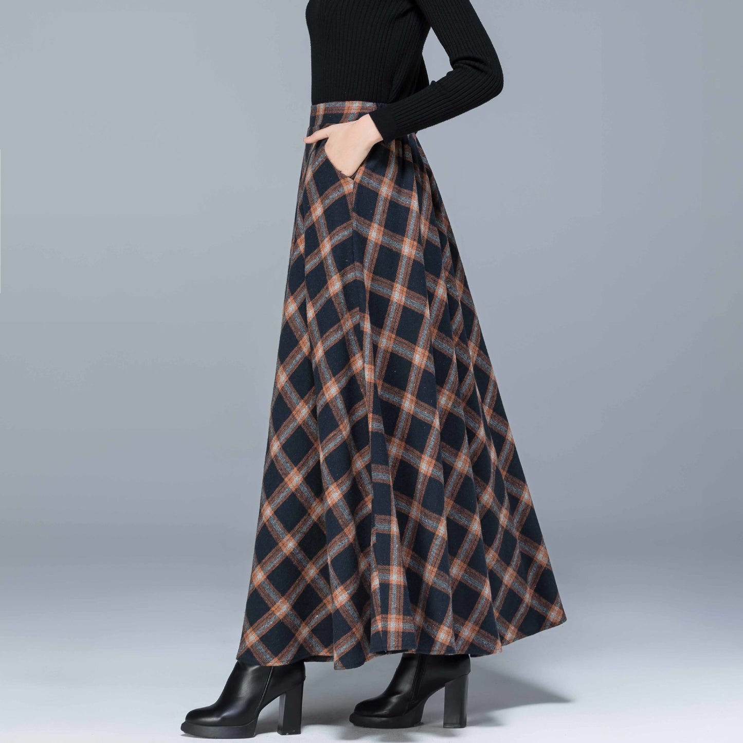 Woolen Skirt High WaistSlim Allmatch Pocket Long Skirt Elastic Waist Aline Big Skirt