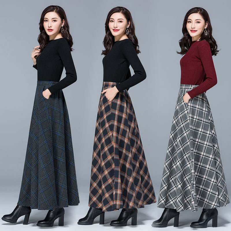 Woolen Skirt High WaistSlim Allmatch Pocket Long Skirt Elastic Waist Aline Big Skirt