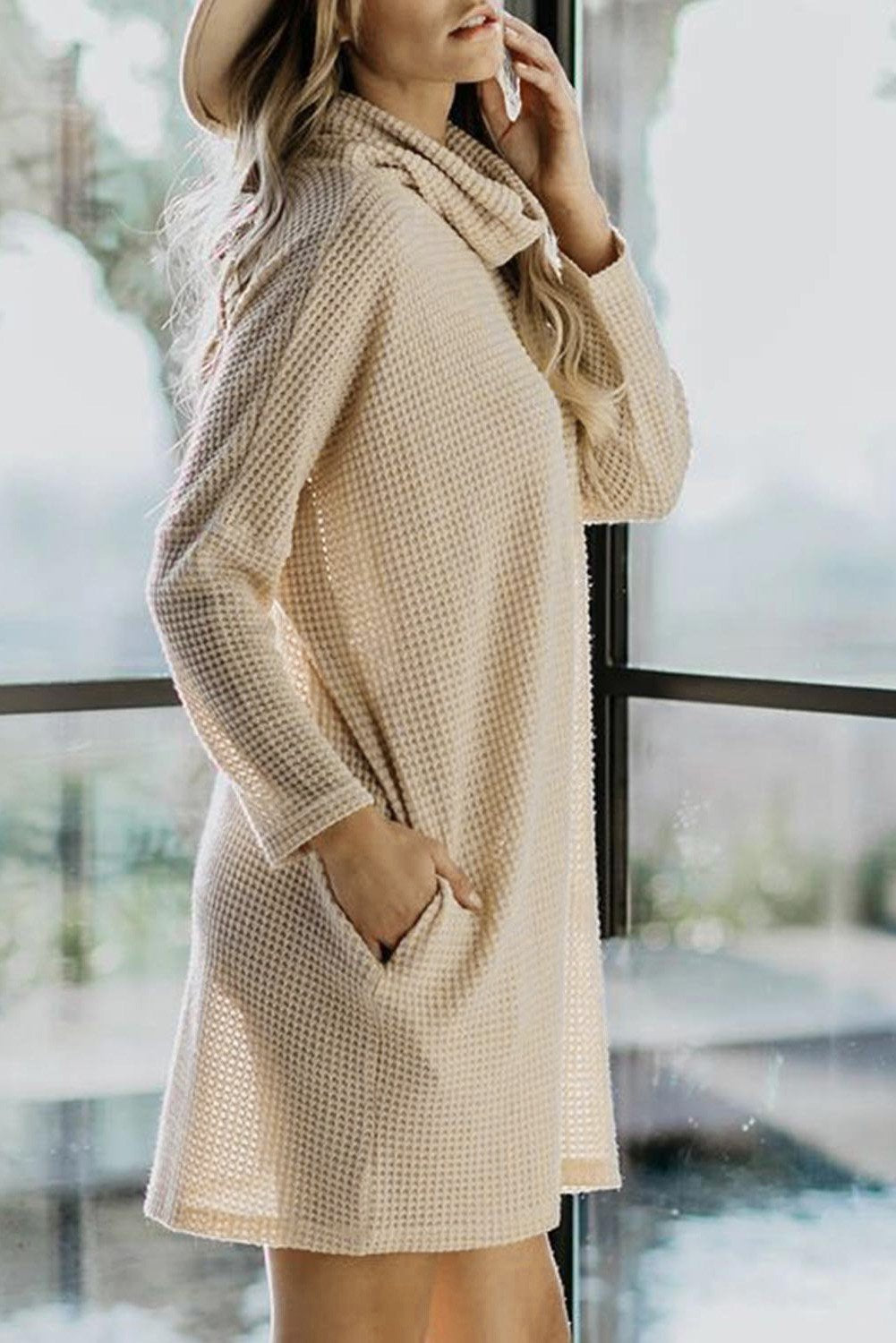 Cowl Neck Long Sleeve Pocketed Knit Mini Dress