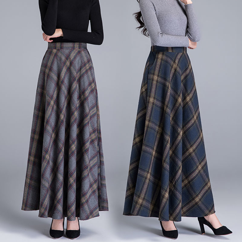 Woolen Skirt High WaistSlim Allmatch Pocket Long Skirt Elastic Waist Aline Big Skirt