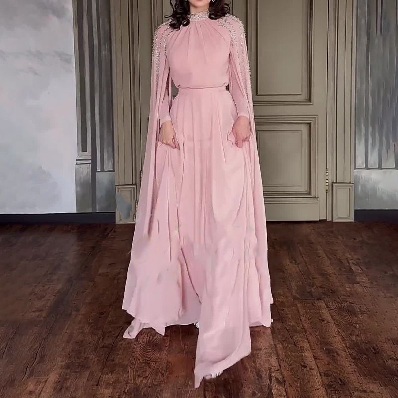 Rhinestone High Collar Long Sleeve Maxi Dress