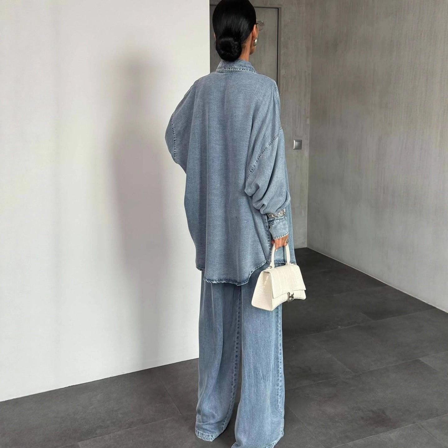 Women's Denim Long Sleeve Button Wide Leg Suit