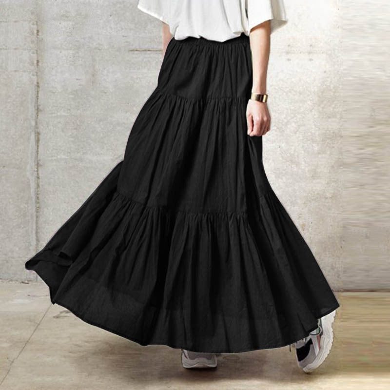 Solid Color Pleated Loose Fitted Long Skirt
