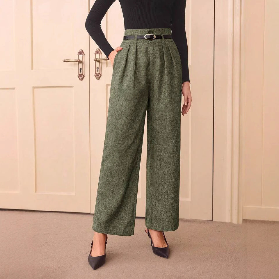 Vintage Casual All-matching High Waist Linen Blend Belt Straight-leg Pants
