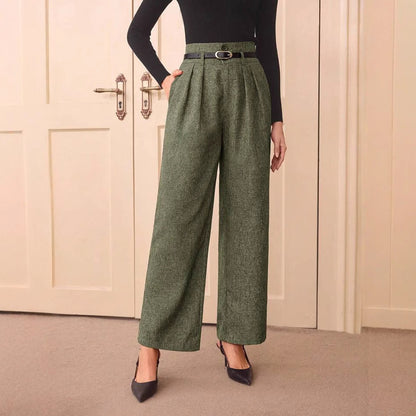 Vintage Casual All-matching High Waist Linen Blend Belt Straight-leg Pants