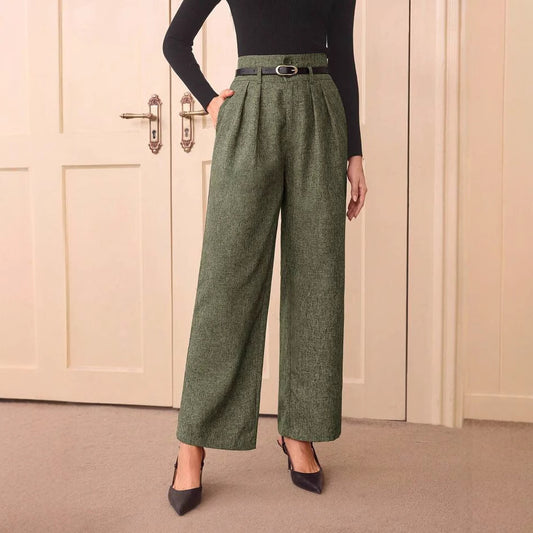 Vintage Casual All-matching High Waist Linen Blend Belt Straight-leg Pants