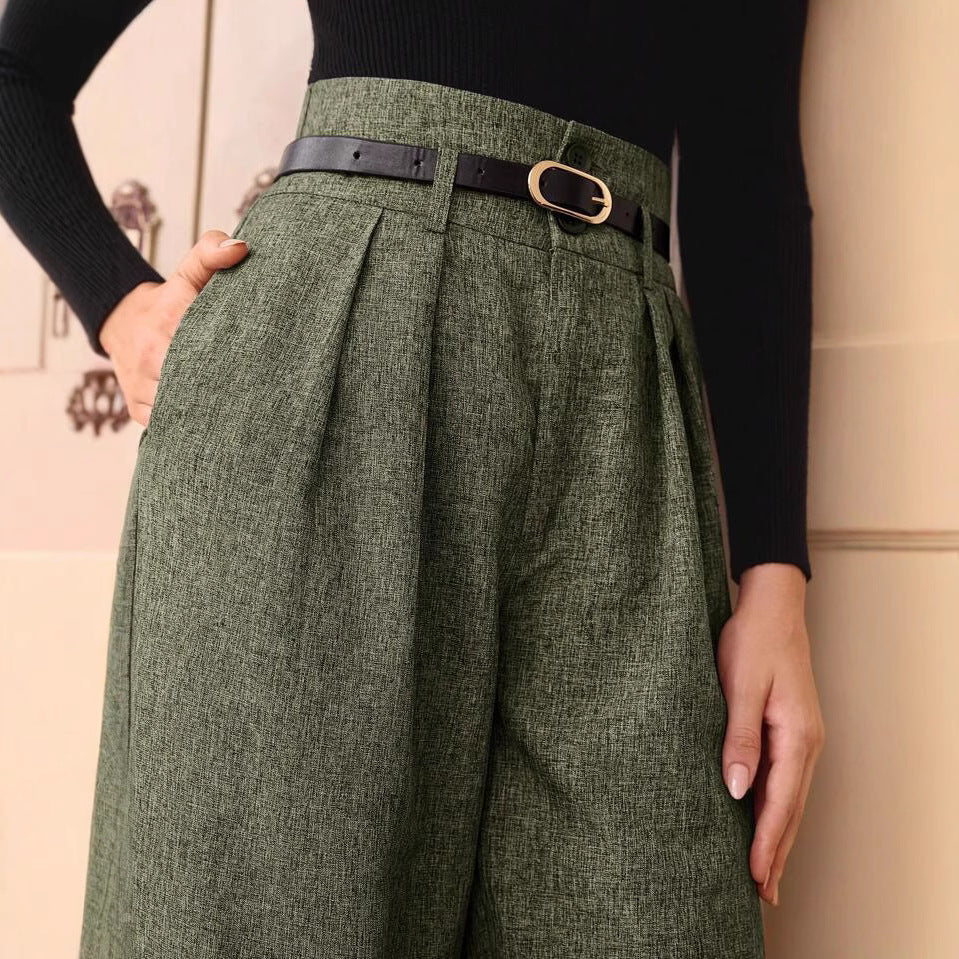 Vintage Casual All-matching High Waist Linen Blend Belt Straight-leg Pants
