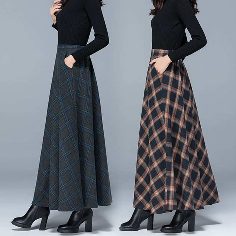 Woolen Skirt High WaistSlim Allmatch Pocket Long Skirt Elastic Waist Aline Big Skirt