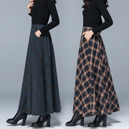 Woolen Skirt High WaistSlim Allmatch Pocket Long Skirt Elastic Waist Aline Big Skirt