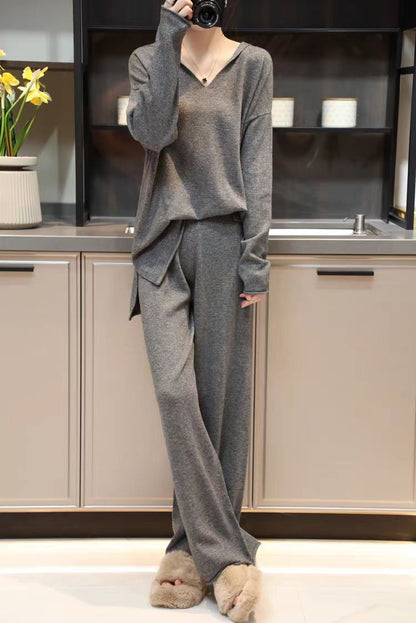 Korean Style Idle Style Hooded Top Casual Wide Leg Pants Knitting Suit