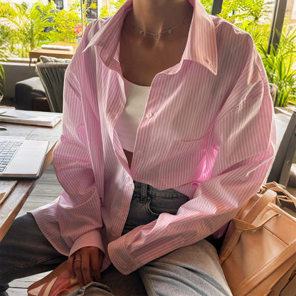 Striped Button Long Sleeve Cardigan Shirt Women