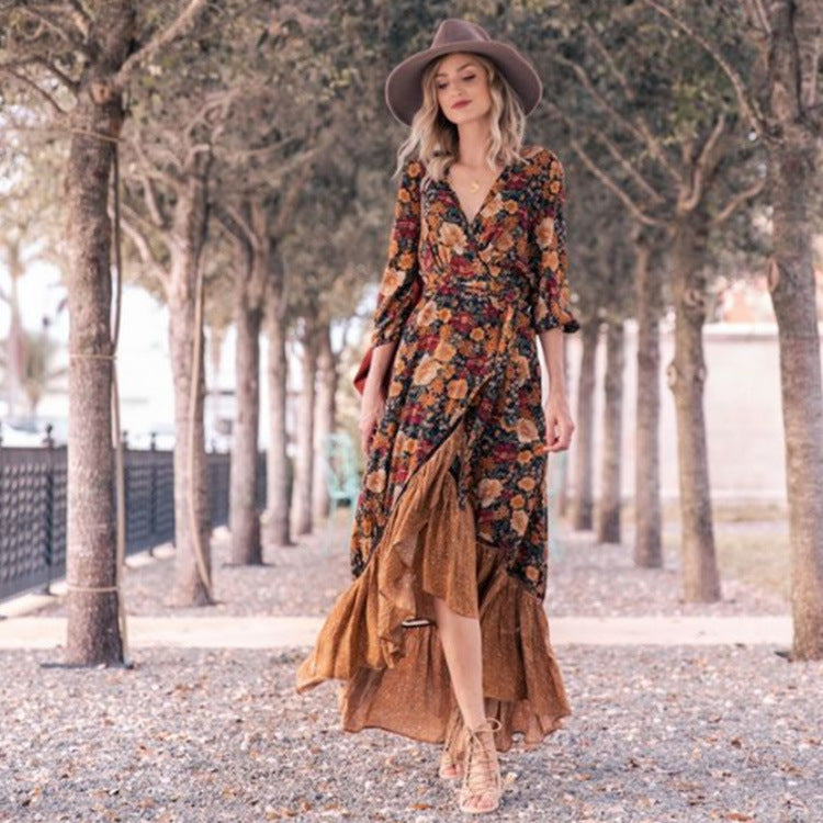 Long sleeve print retro dress long skirt