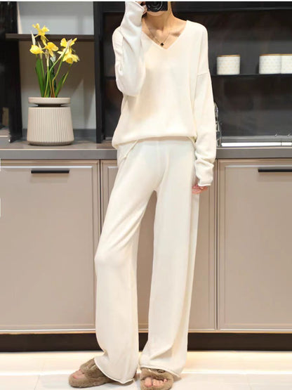 Korean Style Idle Style Hooded Top Casual Wide Leg Pants Knitting Suit