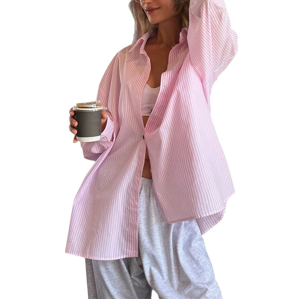 Striped Button Long Sleeve Cardigan Shirt Women