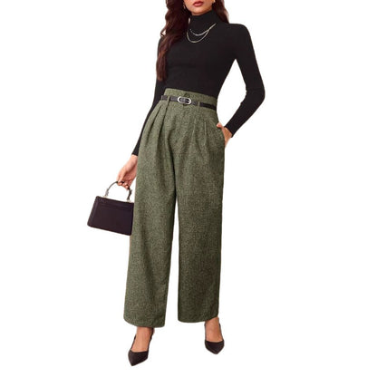 Vintage Casual All-matching High Waist Linen Blend Belt Straight-leg Pants