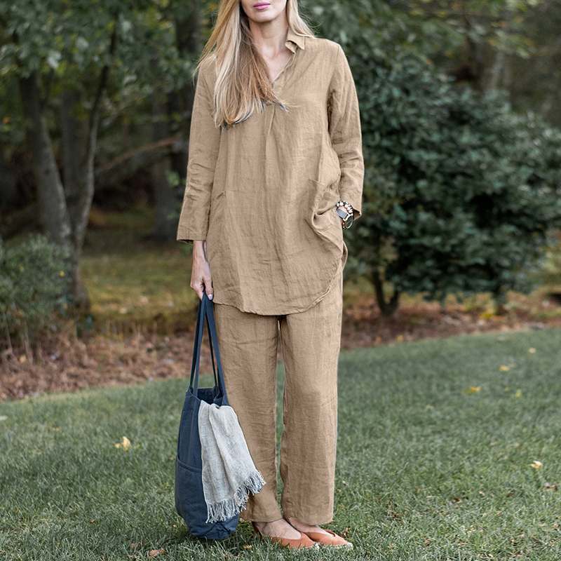 Loose Long Sleeve Shirt Wide Leg Pants Elegant Casual Retro Suit