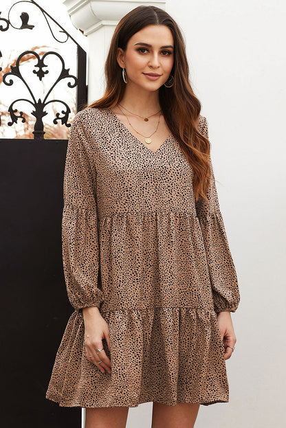 Brown Leopard Ruffle V-Neck Flowy Loose Tunic Dress