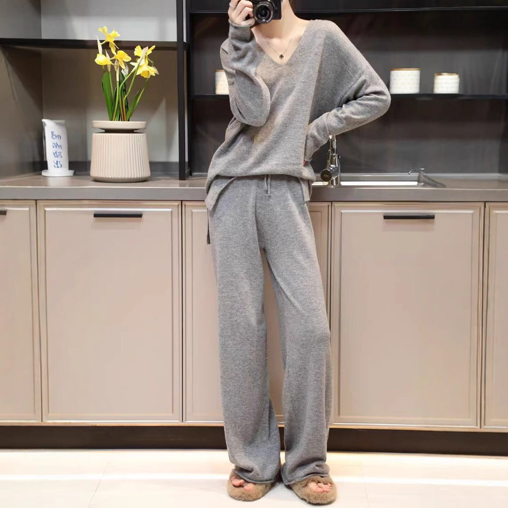 Korean Style Idle Style Hooded Top Casual Wide Leg Pants Knitting Suit