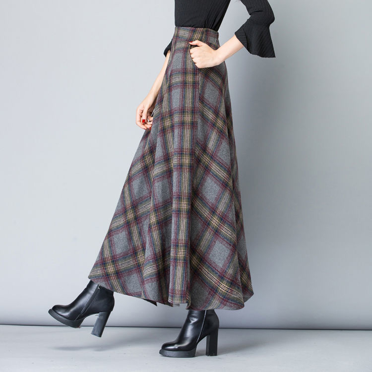 Woolen Skirt High WaistSlim Allmatch Pocket Long Skirt Elastic Waist Aline Big Skirt