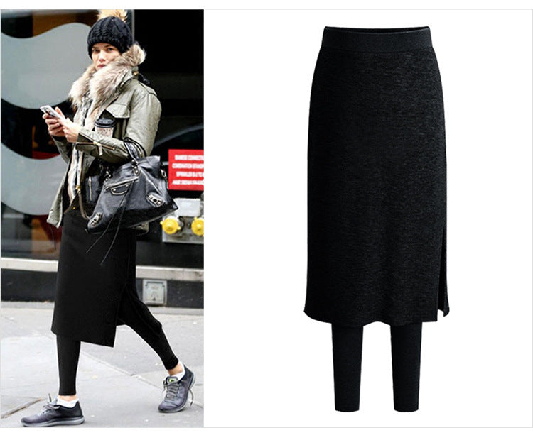 Fake Two-Piece Leggings Plus Velvet Padded Outer Skirt Pants