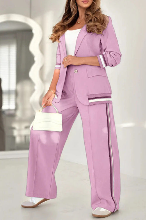 Fashion Solid Color Rib Temperament Commute 2-piece Set Suit