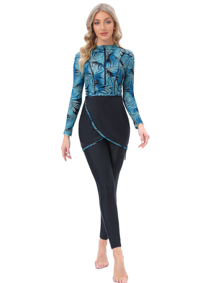 Long Sleeve Zipper Muslim Swimsuit With Hat Chest Pad 3 Piece Conservative