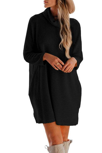 Cowl Neck Long Sleeve Pocketed Knit Mini Dress