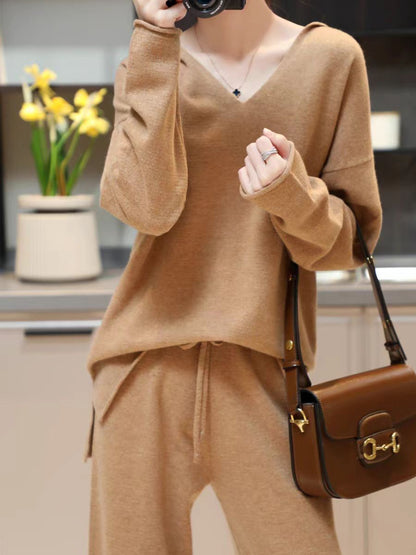 Korean Style Idle Style Hooded Top Casual Wide Leg Pants Knitting Suit