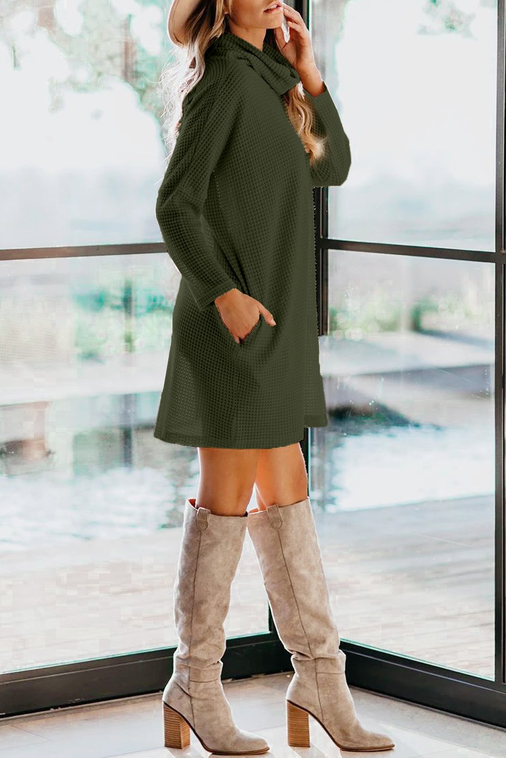 Cowl Neck Long Sleeve Pocketed Knit Mini Dress