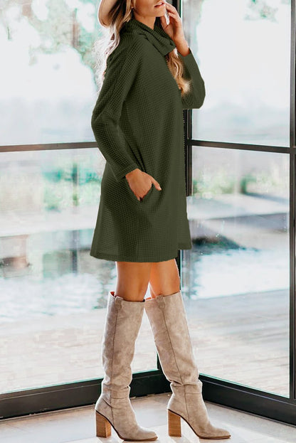 Cowl Neck Long Sleeve Pocketed Knit Mini Dress