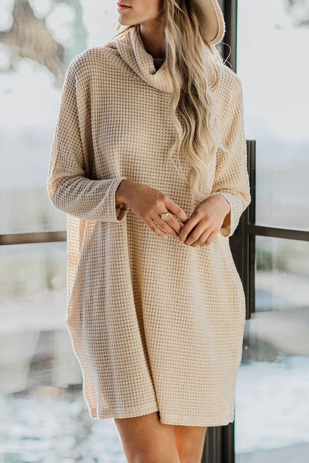Cowl Neck Long Sleeve Pocketed Knit Mini Dress