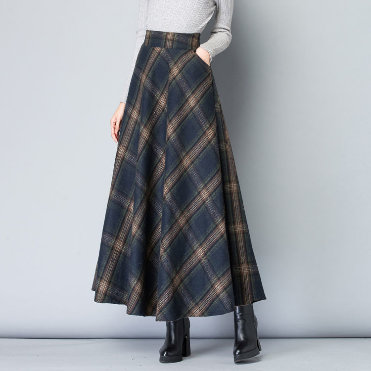Woolen Skirt High WaistSlim Allmatch Pocket Long Skirt Elastic Waist Aline Big Skirt