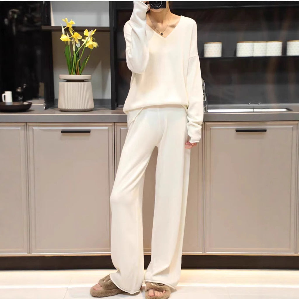 Korean Style Idle Style Hooded Top Casual Wide Leg Pants Knitting Suit