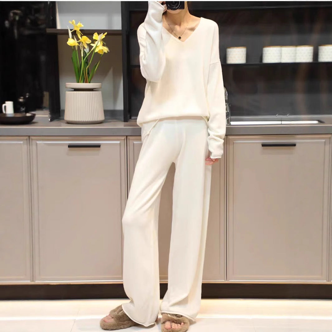 Korean Style Idle Style Hooded Top Casual Wide Leg Pants Knitting Suit